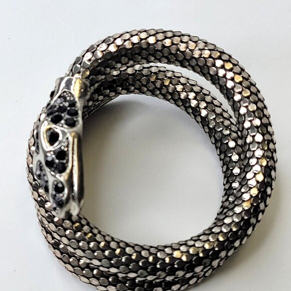 Black and Clear Rhinestone 3 Coil Serpent SIlver Snake Bracelet - Picture 8 of 10